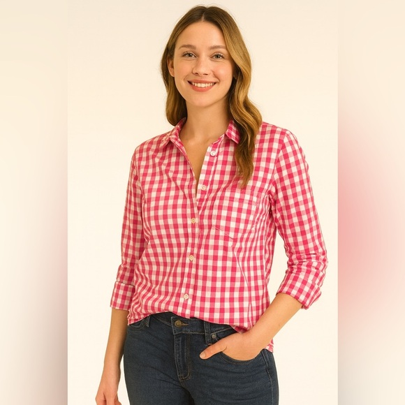 J. Crew Tops - 22. J. Crew • NWT $80 Pink Gingham Button Down Shirt PTP 17”-19”